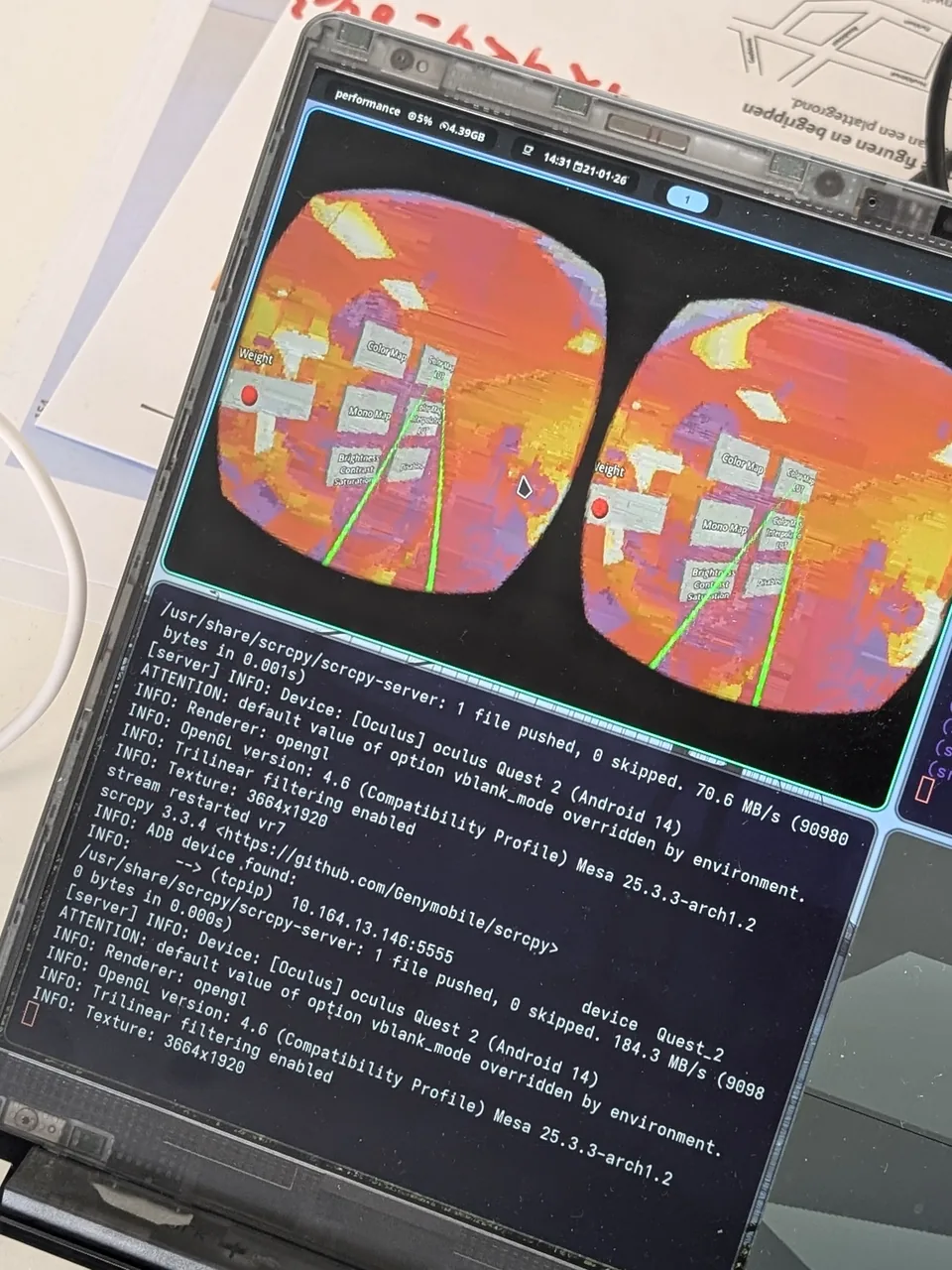 PartyVR rendering and device logs during development