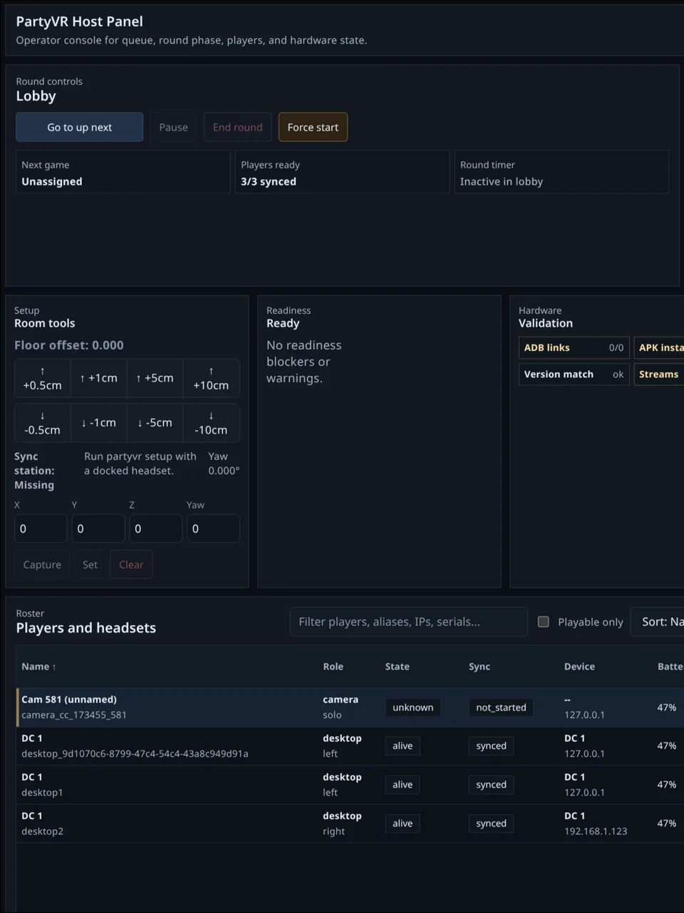 PartyVR-hostpaneel voor rondes, spelers en hardware